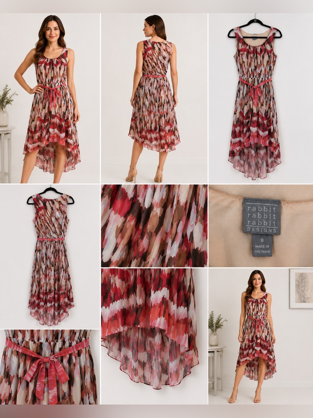 Rabbit Rabbit Designs Sleeveless Chiffon Dress Pink Brown Belt Size 8